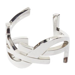 SAINT LAURENT Cassandre silver brass metal YSL monogram logo cuff bracelet
