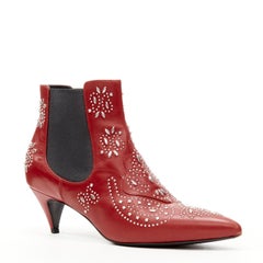 SAINT LAURENT Cat red leather silver studded western bootie EU38