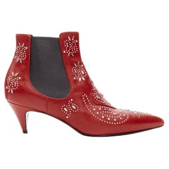 SAINT LAURENT Cat red leather silver studded western bootie EU38