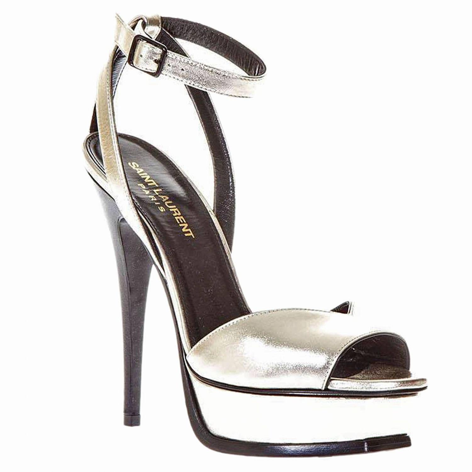Saint Laurent Champagne Gold Leather Tribute 105 Stiletto Heel Sandal Size 40 In New Condition In Paradise Island, BS