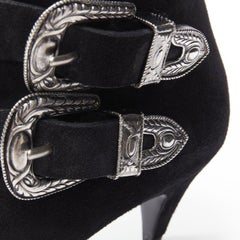 SAINT LAURENT Charlotte 55 black suede silver western buckle bootie EU37