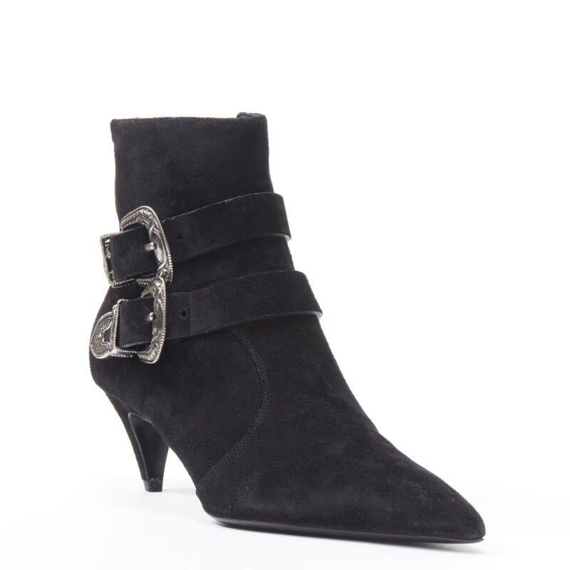 Black SAINT LAURENT Charlotte 55 black suede silver western buckle bootie EU37 For Sale