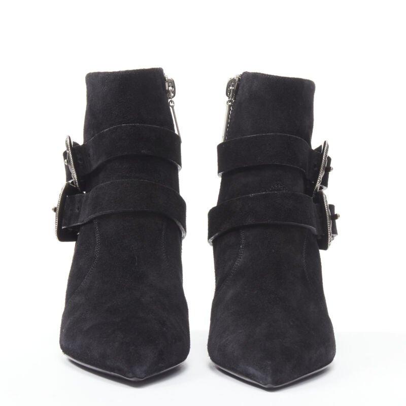 Women's SAINT LAURENT Charlotte 55 black suede silver western buckle bootie EU37 For Sale