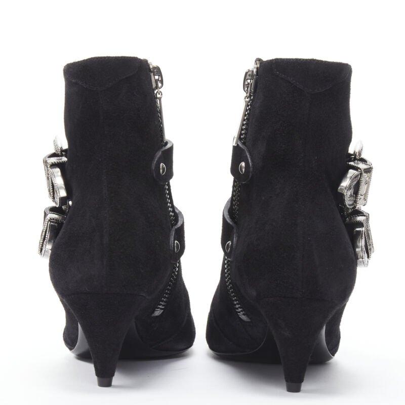 SAINT LAURENT Charlotte 55 black suede silver western buckle bootie EU37 For Sale 2