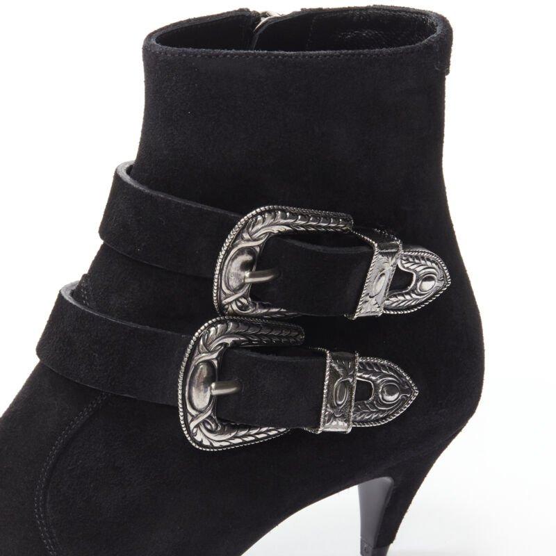 SAINT LAURENT Charlotte 55 black suede silver western buckle bootie EU37 For Sale 4