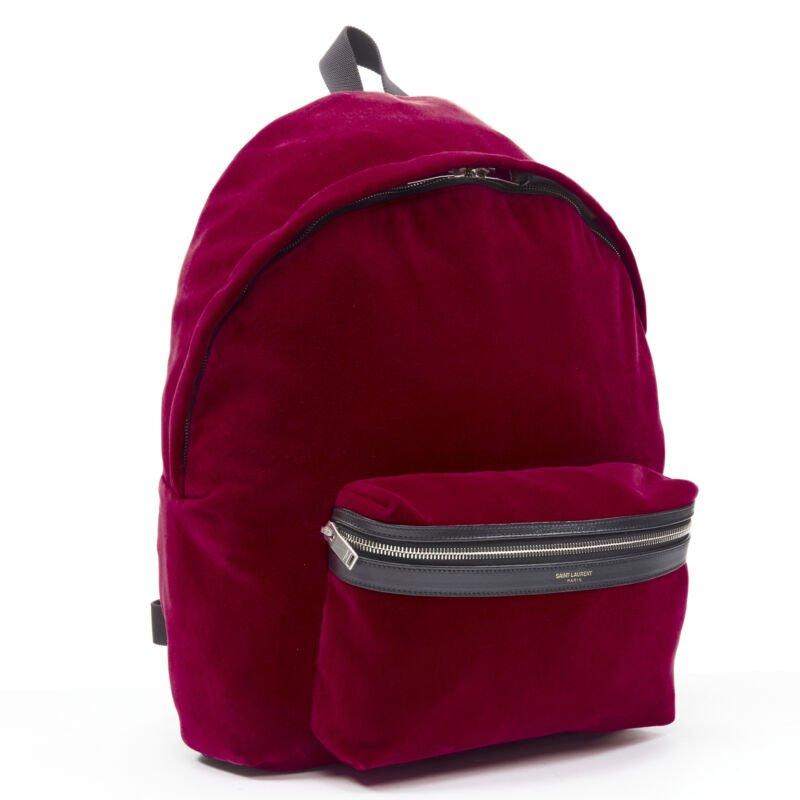 Red SAINT LAURENT City red velvet black leather trim backpack