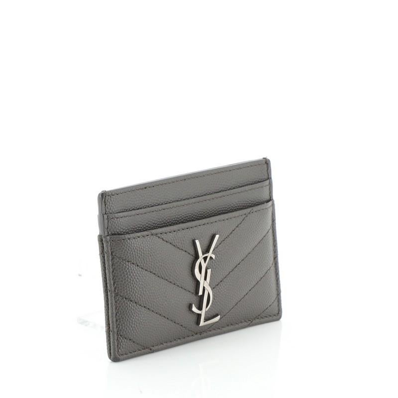 Gray Saint Laurent Classic Monogram Card Holder Matelasse Chevron Leather