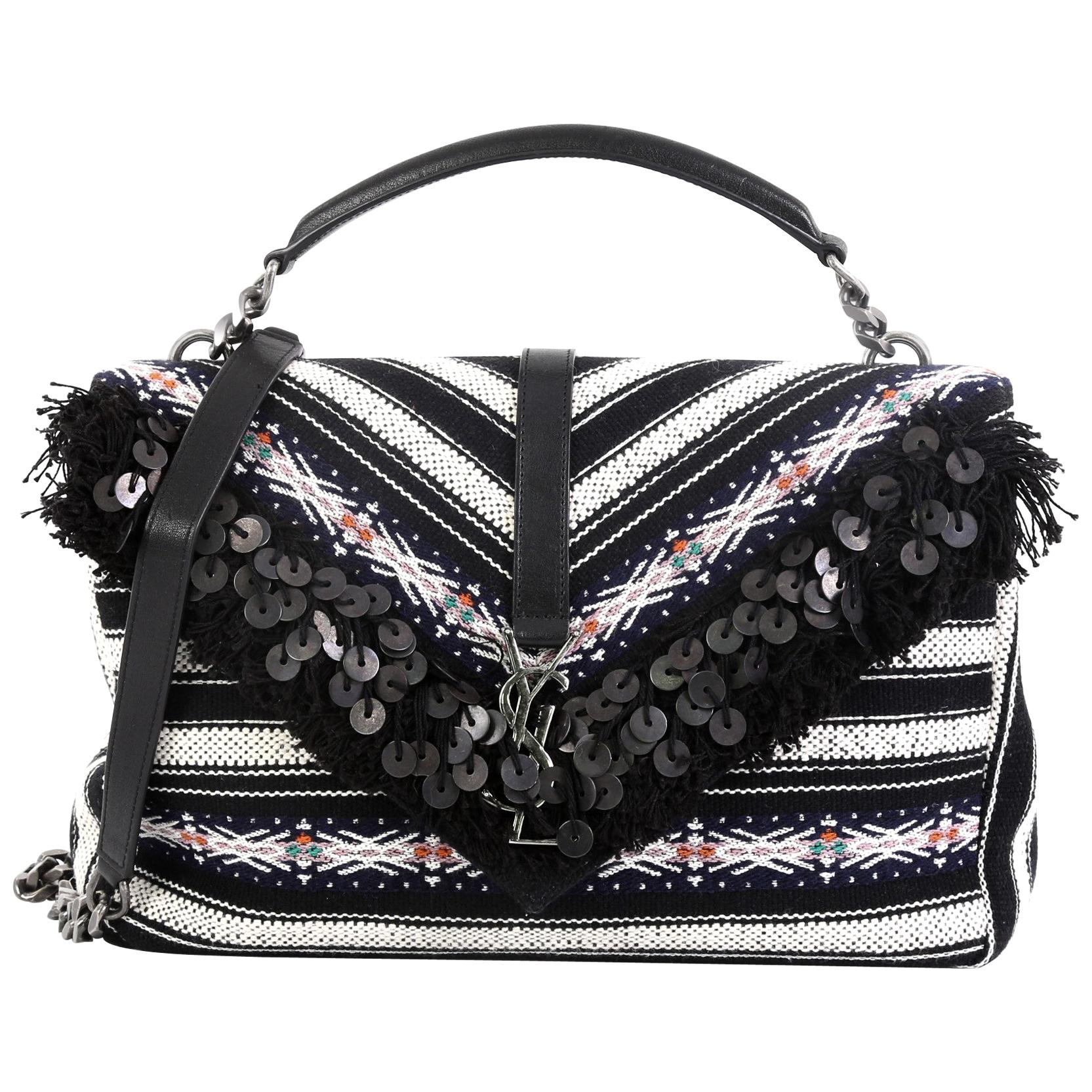 Saint Laurent Classic Monogram College Bag Fringe Canvas with Sequins Large