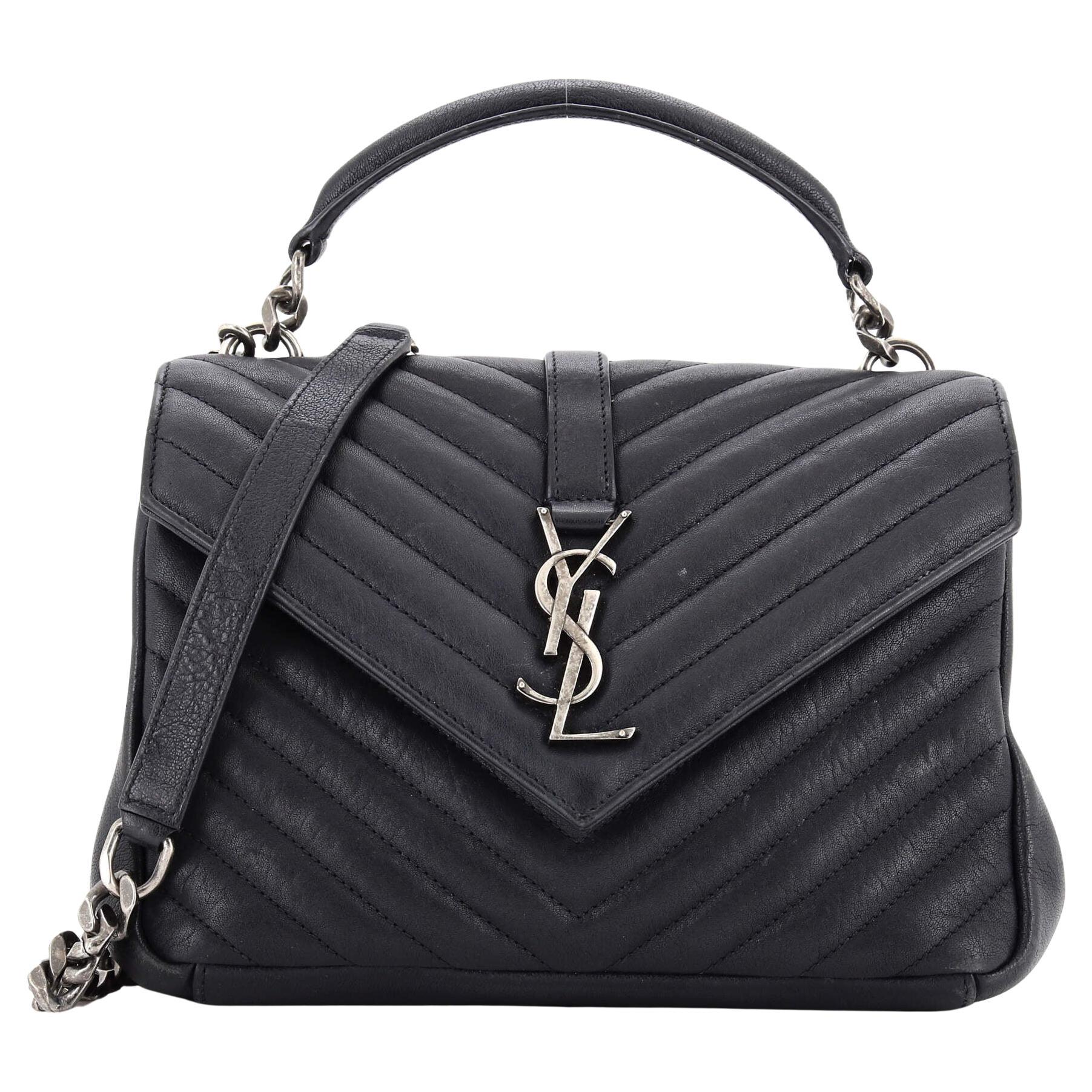 Saint Laurent College Large Quilted Leather V-Flap Shoulder Bag Black