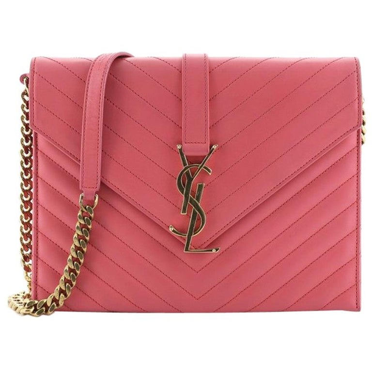 Saint Laurent Monogram Envelope Leather Wallet On Chain in Pink