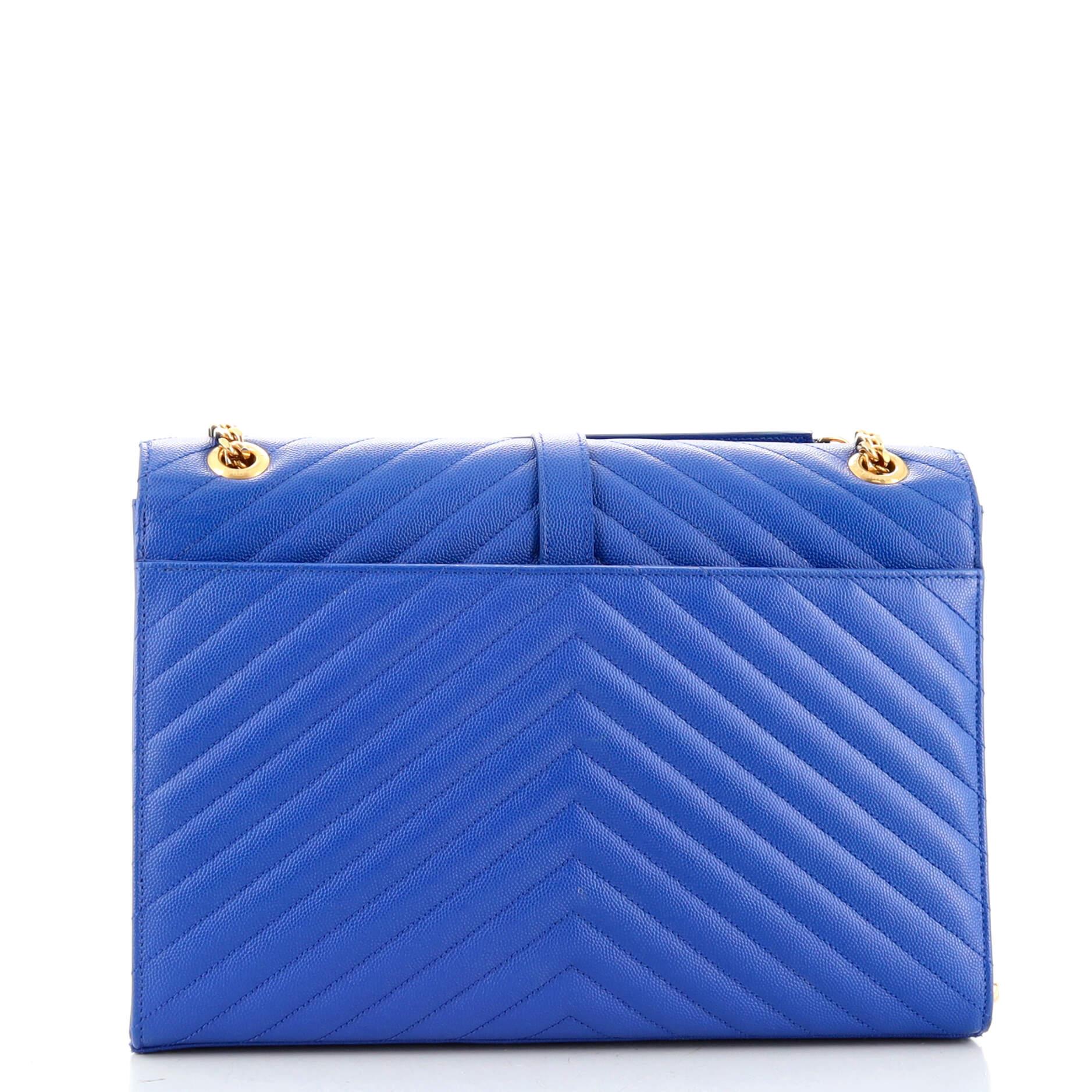Blue Saint Laurent Classic Monogram Envelope Satchel Matelasse Chevron Leather Large