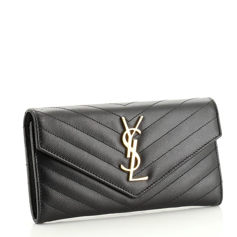Black Saint Laurent Classic Monogram Flap Wallet Matelasse Chevron Leather Larg