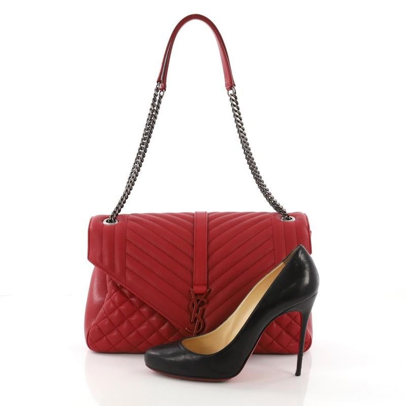 This Saint Laurent Classic Monogram Slouchy Flap Bag Quilted Leather Large, crafted in red quilted leather, features chain link strap with leather pads and aged silver-tone hardware. Its flap with magnetic snap closure opens to a black fabric