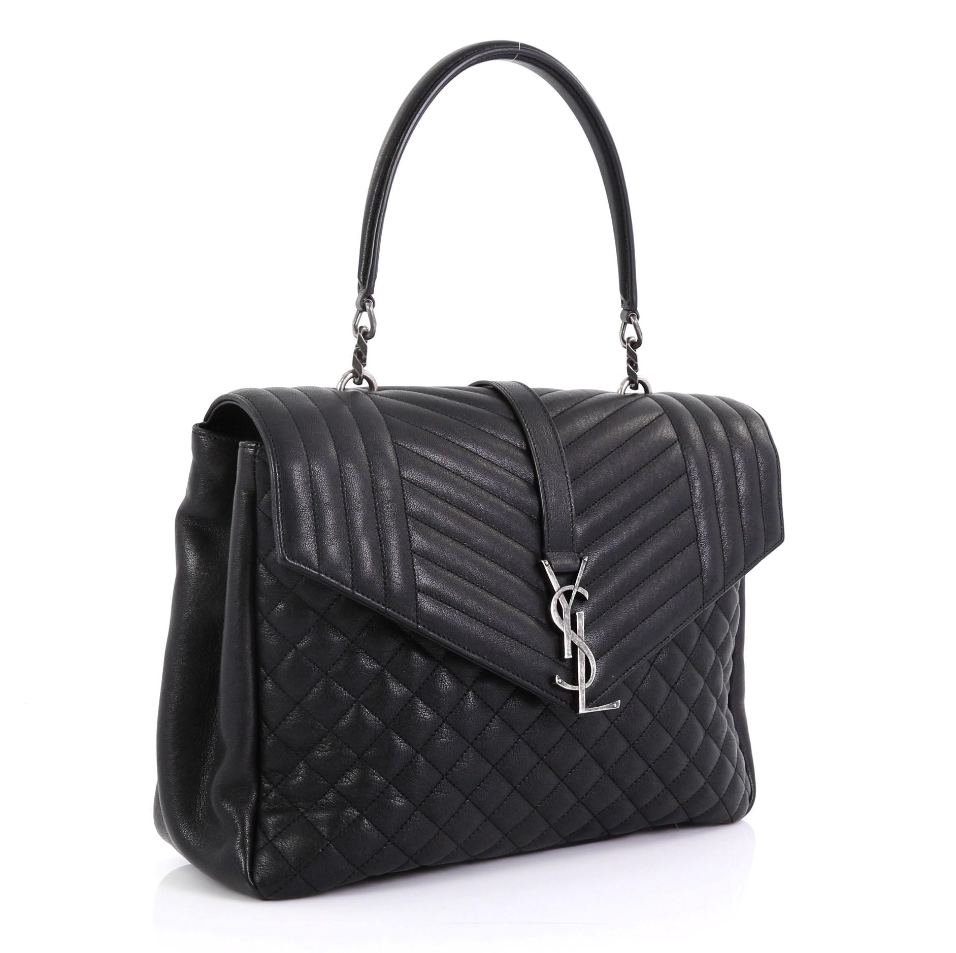 This Saint Laurent Classic Monogram Slouchy Top Handle Bag Mixed Matelasse Leather Large, crafted from black mixed quilted leather, features chain-link handle and detachable shoulder strap, YSL monogram logo at the front, and aged silver-tone