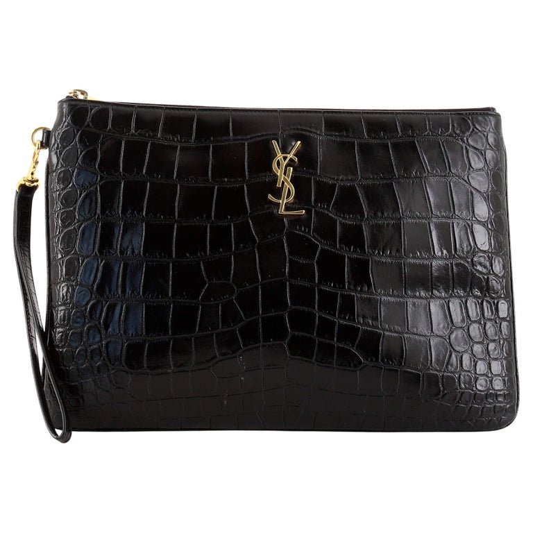 Saint Laurent Classic Monogram Tablet Wristlet Pouch Crocodile Embossed ...