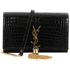Saint Laurent Classic Monogram Tassel Chain Wallet Crocodile Embossed Leather