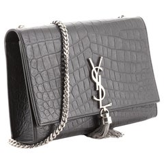 Vintage Saint Laurent Classic Monogram Tassel Crossbody Bag Crocodile Embossed Leather 
