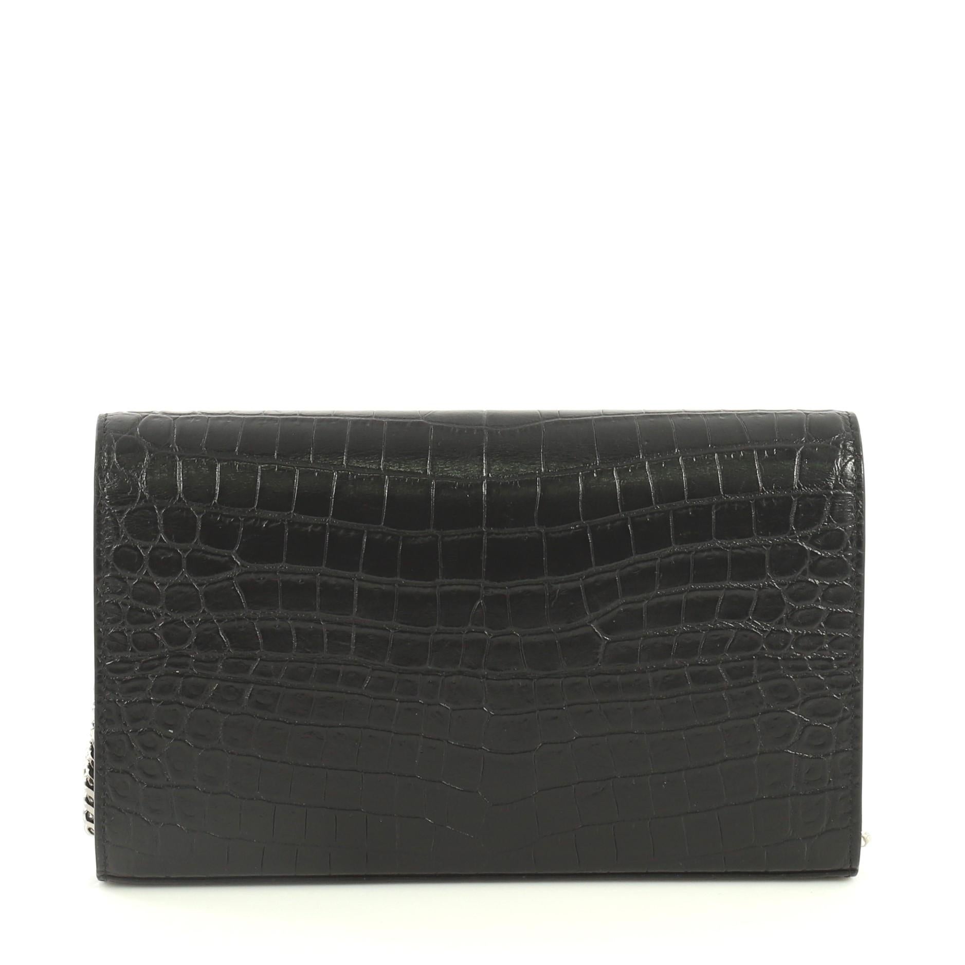 Saint Laurent Classic Monogram Wallet on Chain Crocodile Embossed Leather In Excellent Condition In NY, NY