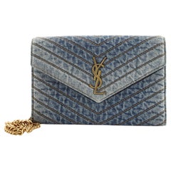 Saint Laurent Classic Monogram Wallet on Chain Matelasse Chevron Denim Medium