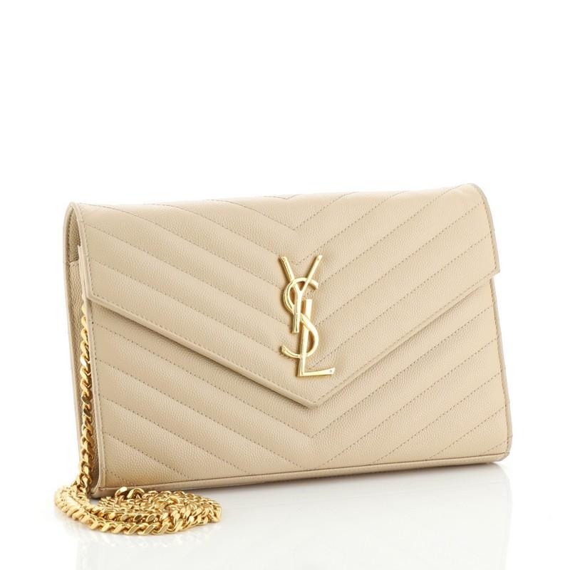 Beige Saint Laurent Classic Monogram Wallet on Chain Matelasse Chevron Leather 