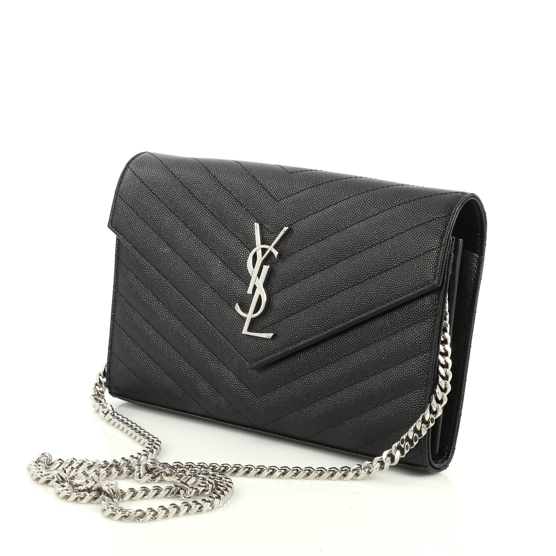 Saint Laurent Classic Monogram Wallet on Chain Matelasse Chevron Leather Medium In Excellent Condition In NY, NY