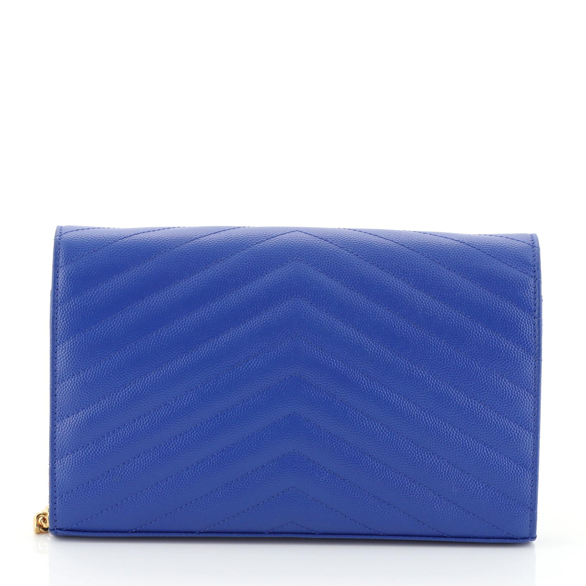 Blue Saint Laurent Classic Monogram Wallet on Chain Matelasse Chevron Leather Medium