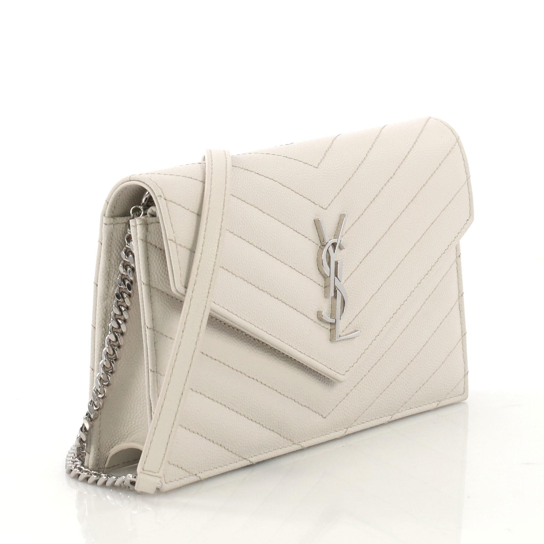 Beige Saint Laurent Classic Monogram Wallet on Chain Matelasse Chevron Leather Small