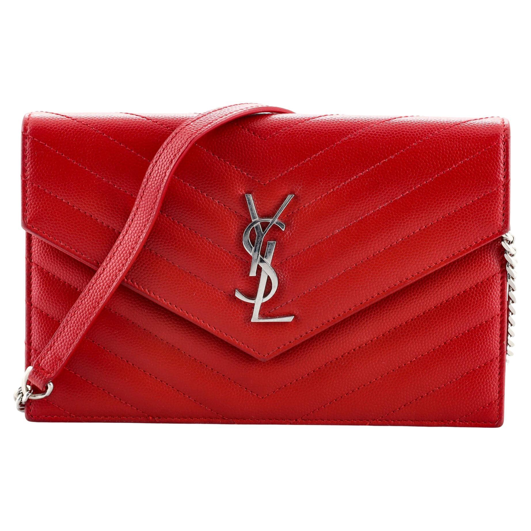 Saint Laurent Red Leather Monogram Zip Around Wallet For Sale at 