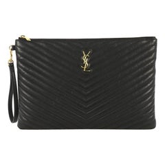 Saint Laurent Classic Monogram Wristlet Pouch Matelasse Chevron Leather Large