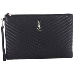 Saint Laurent Classic Monogram Wristlet Pouch Matelasse Chevron Leather Medium