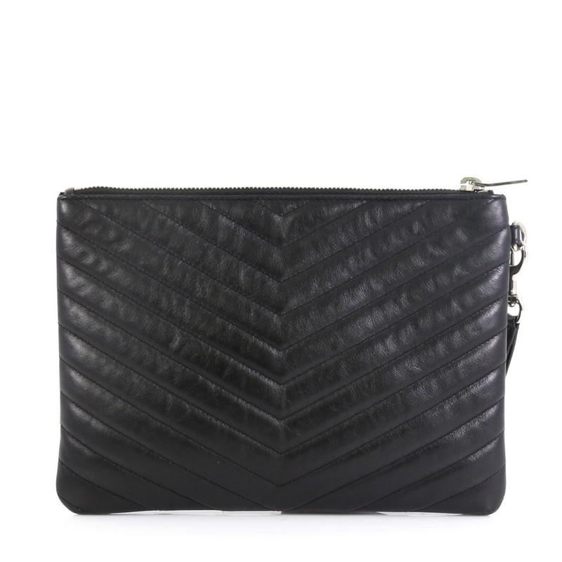 Black Saint Laurent Classic Monogram Wristlet Pouch Matelasse Chevron Leather S