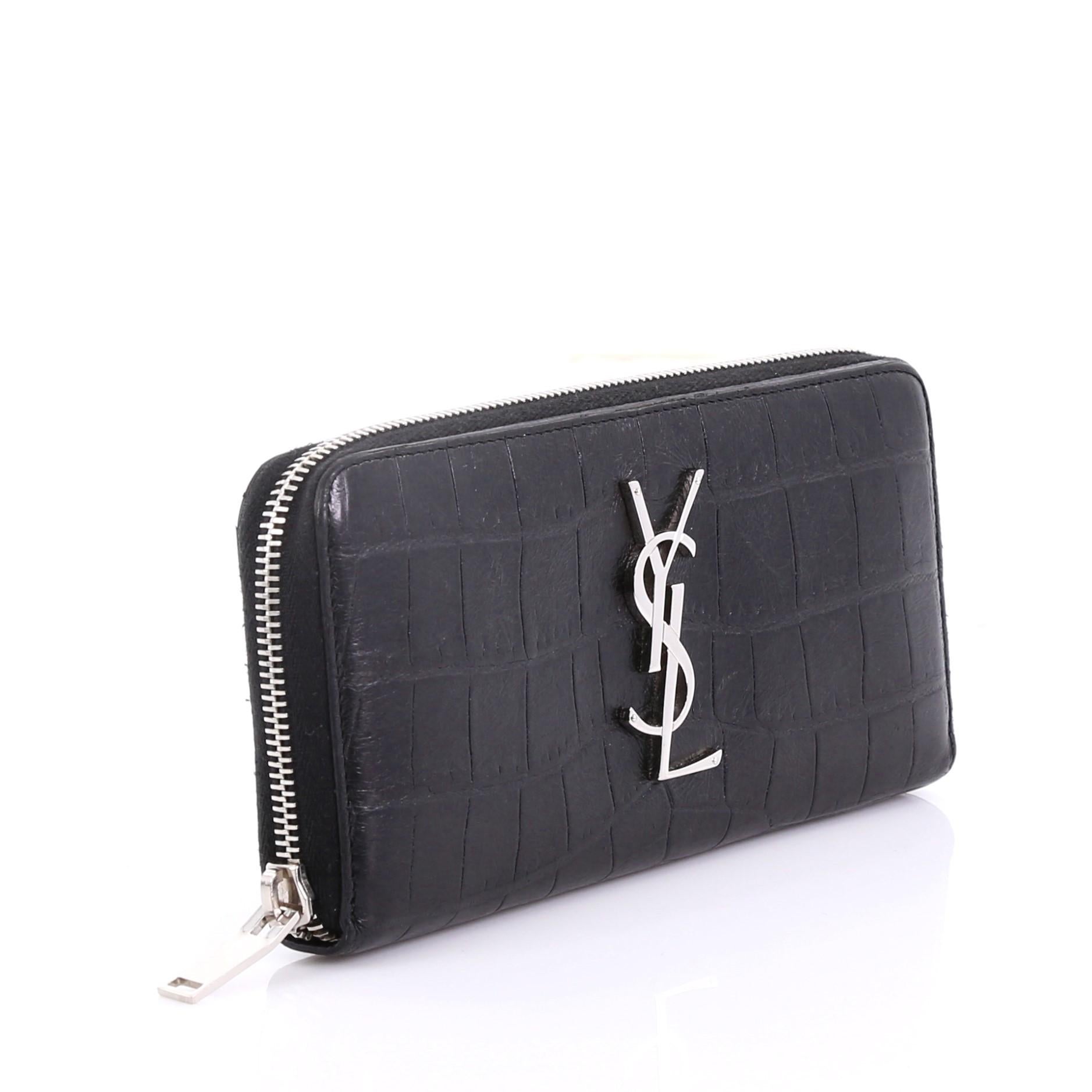 Black Saint Laurent Classic Monogram Zip Around Wallet Crocodile Embossed Leather