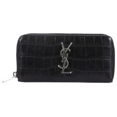Saint Laurent Classic Monogram Zip Around Wallet Crocodile Embossed Leather