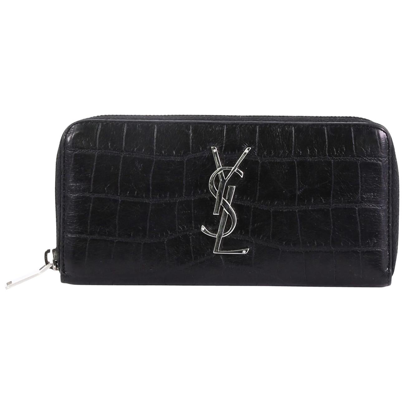 Saint Laurent Classic Monogram Zip Around Wallet Crocodile Embossed Leather