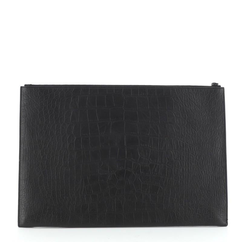 Saint Laurent Classic Monogram Zip Pouch Crocodile Embossed Leather Large In Good Condition In NY, NY