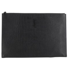 Saint Laurent Classic Monogram Zip Pouch Crocodile Embossed Leather Large