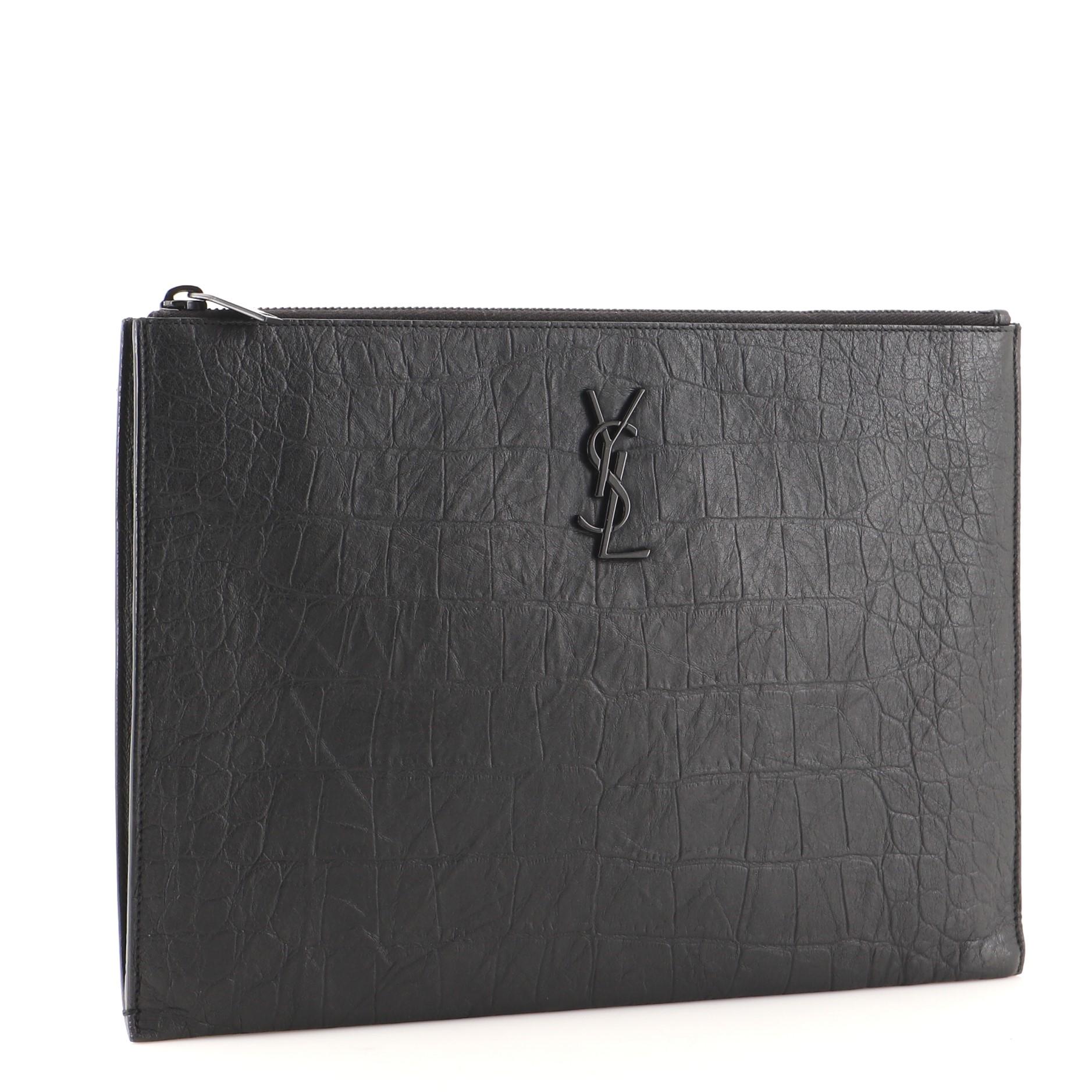 Black Saint Laurent Classic Monogram Zip Pouch Crocodile Embossed Leather Medium