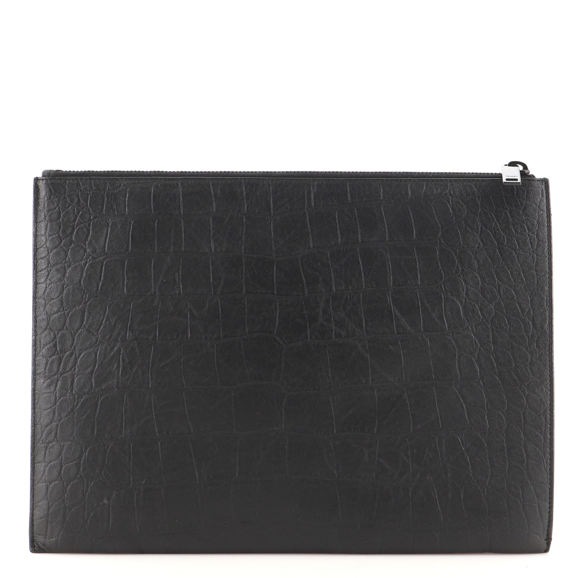 Saint Laurent Classic Monogram Zip Pouch Crocodile Embossed Leather Medium In Good Condition In NY, NY