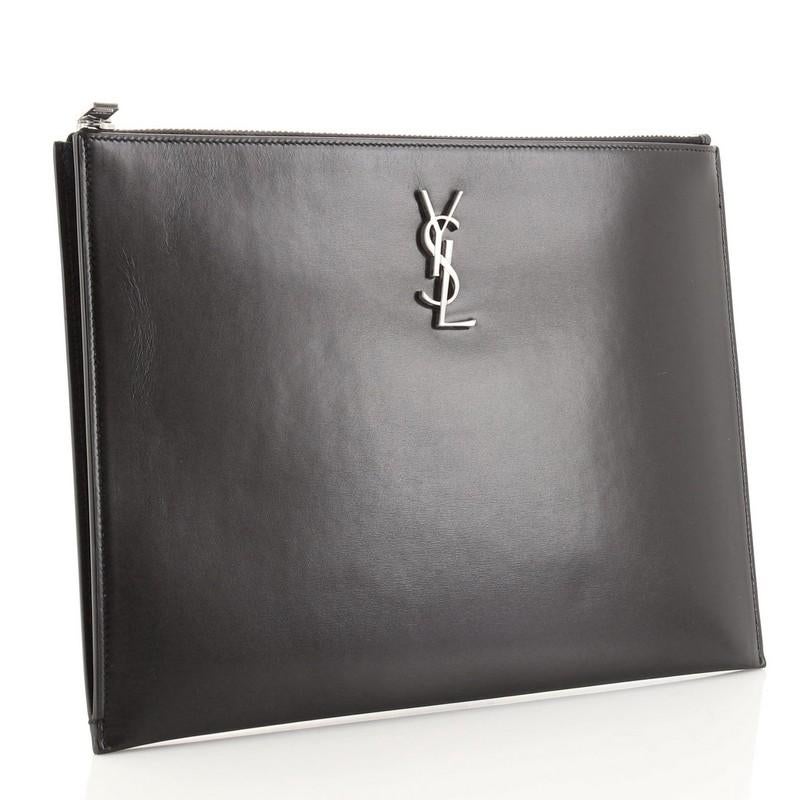 Black Saint Laurent Classic Monogram Zip Pouch Leather Medium