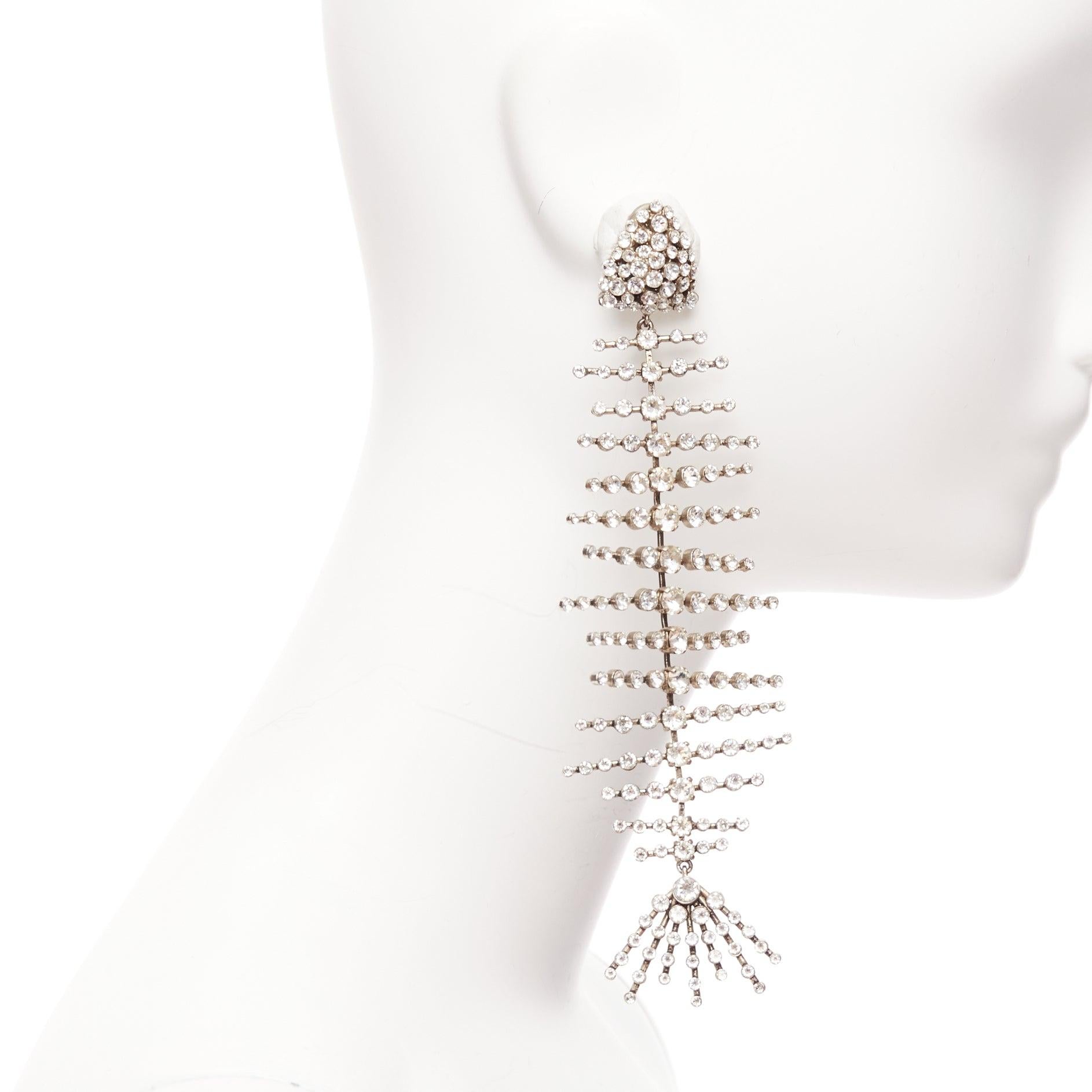 Women's SAINT LAURENT clear crystal spiral fish bone dangling clip on earrings For Sale