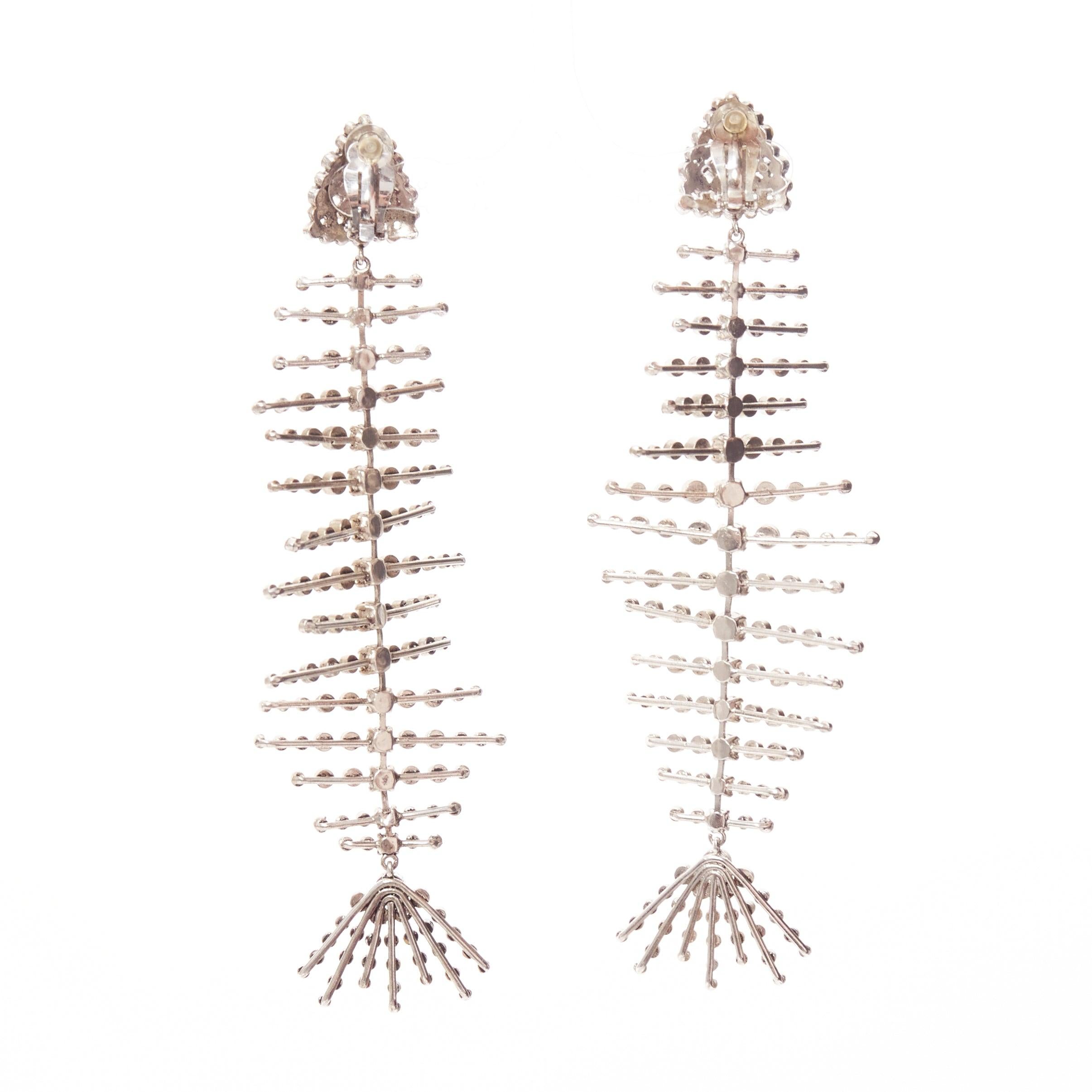 SAINT LAURENT clear crystal spiral fish bone dangling clip on earrings For Sale 1