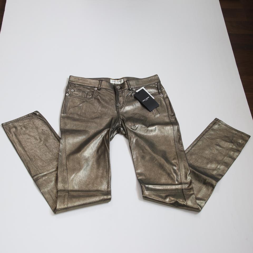 Saint Laurent Mid Rise Skinny Jeans aus beschichtetem Metallic-Lammfell Größe 4 (Grau) im Angebot