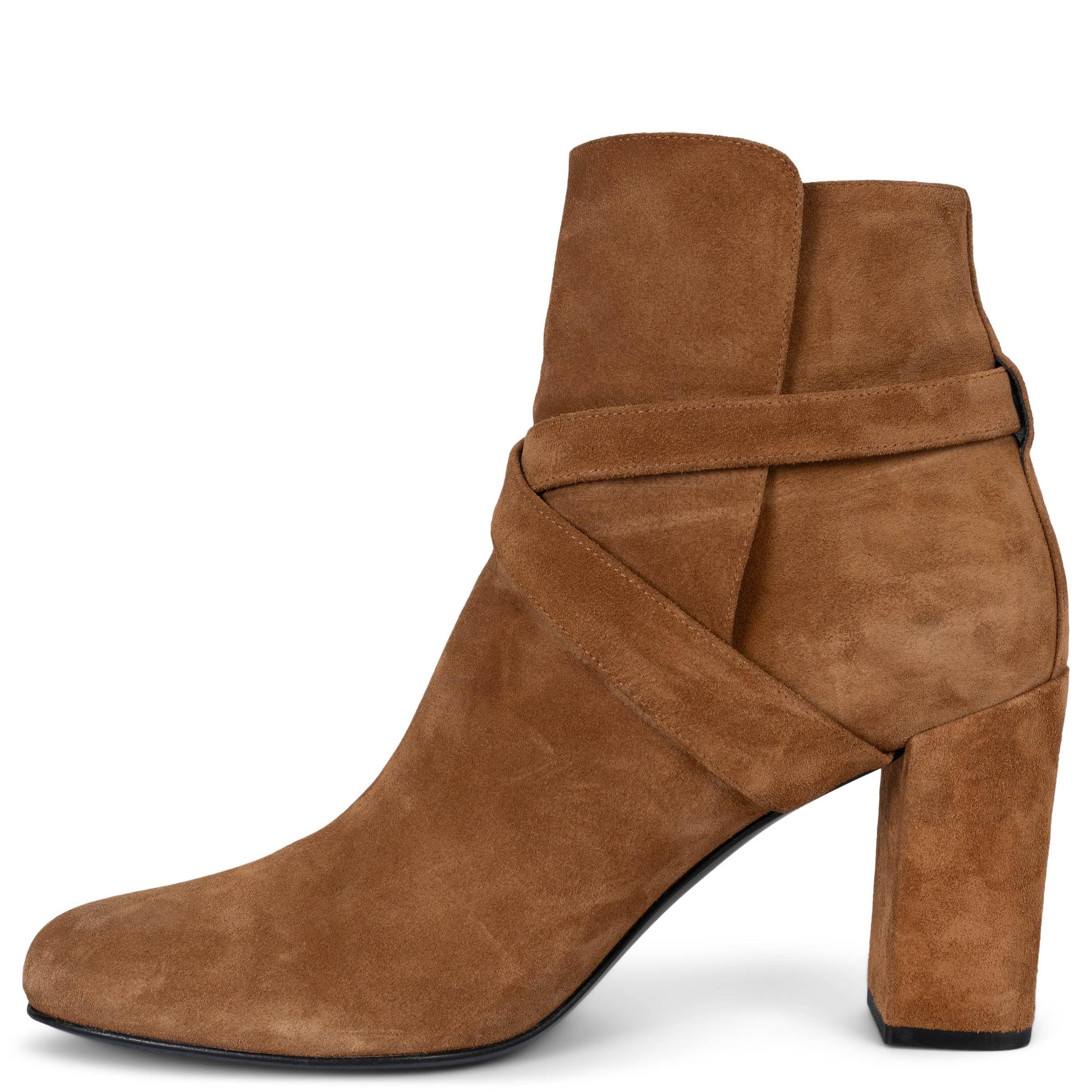 Brown SAINT LAURENT cognac brown suede 2016 BABIES CROSS STRAP Ankle Boots Shoes 42 For Sale