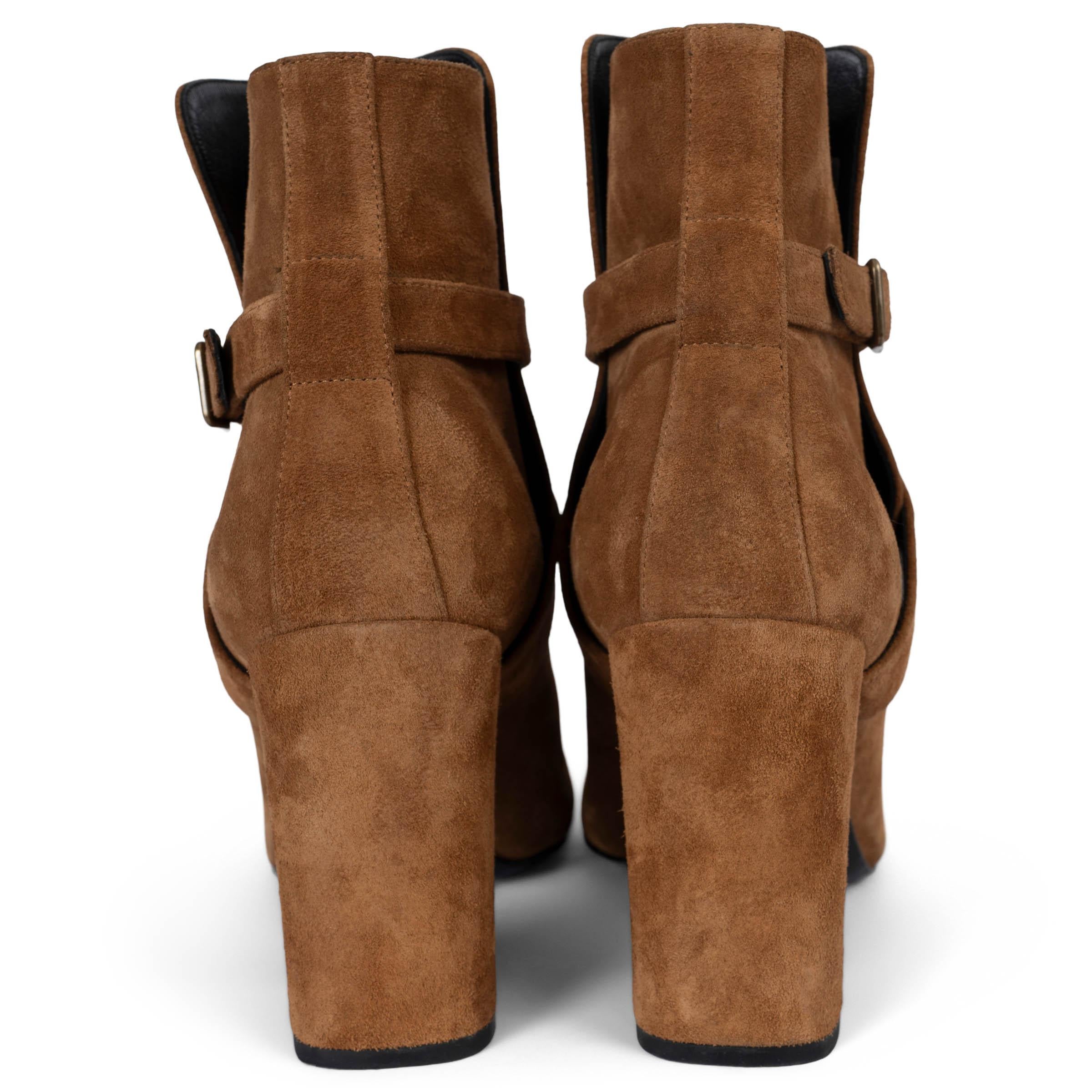 SAINT LAURENT cognac brown suede 2016 BABIES CROSS STRAP Ankle Boots Shoes 42 In Excellent Condition For Sale In Zürich, CH