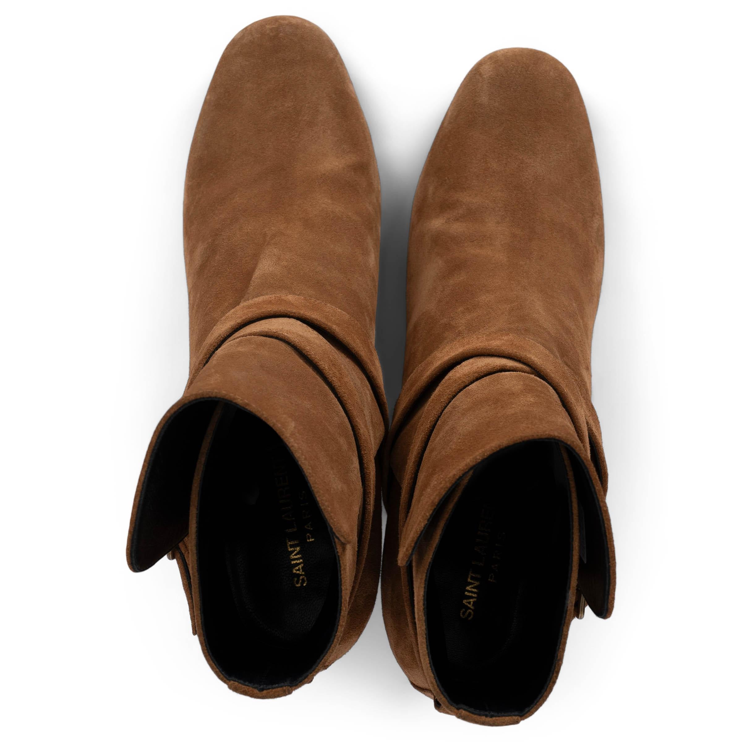 Women's SAINT LAURENT cognac brown suede 2016 BABIES CROSS STRAP Ankle Boots Shoes 42 For Sale