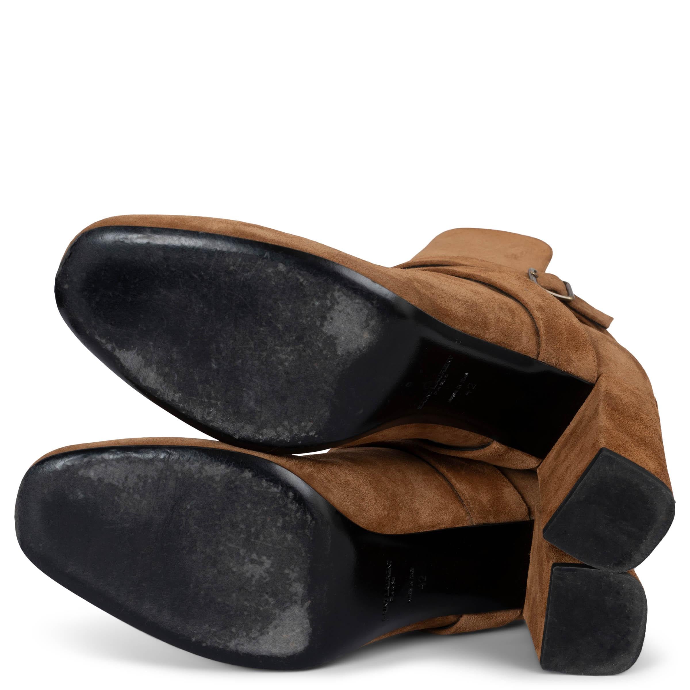 SAINT LAURENT cognac brown suede 2016 BABIES CROSS STRAP Ankle Boots Shoes 42 For Sale 1
