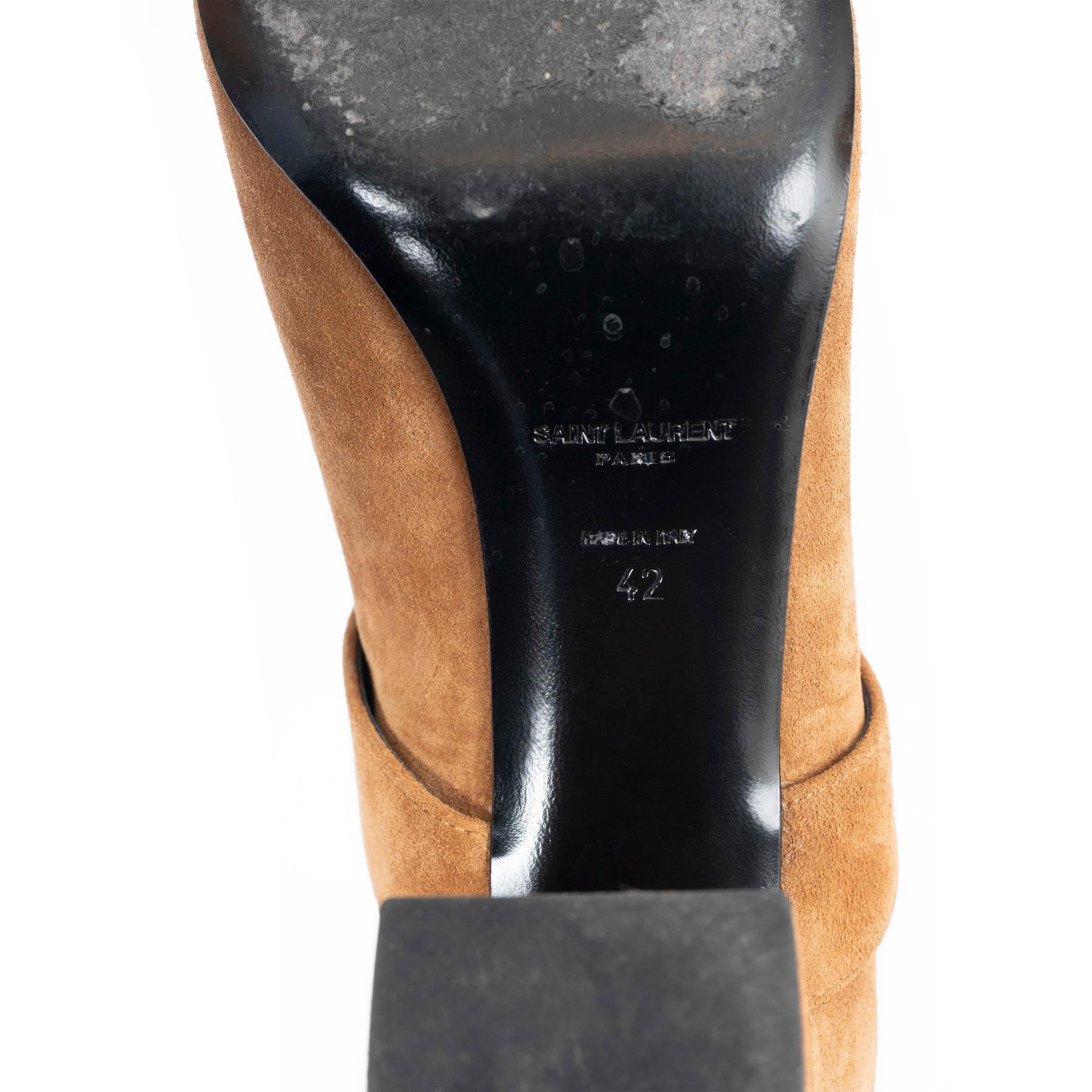 SAINT LAURENT cognac brown suede 2016 BABIES CROSS STRAP Ankle Boots Shoes 42 For Sale 2