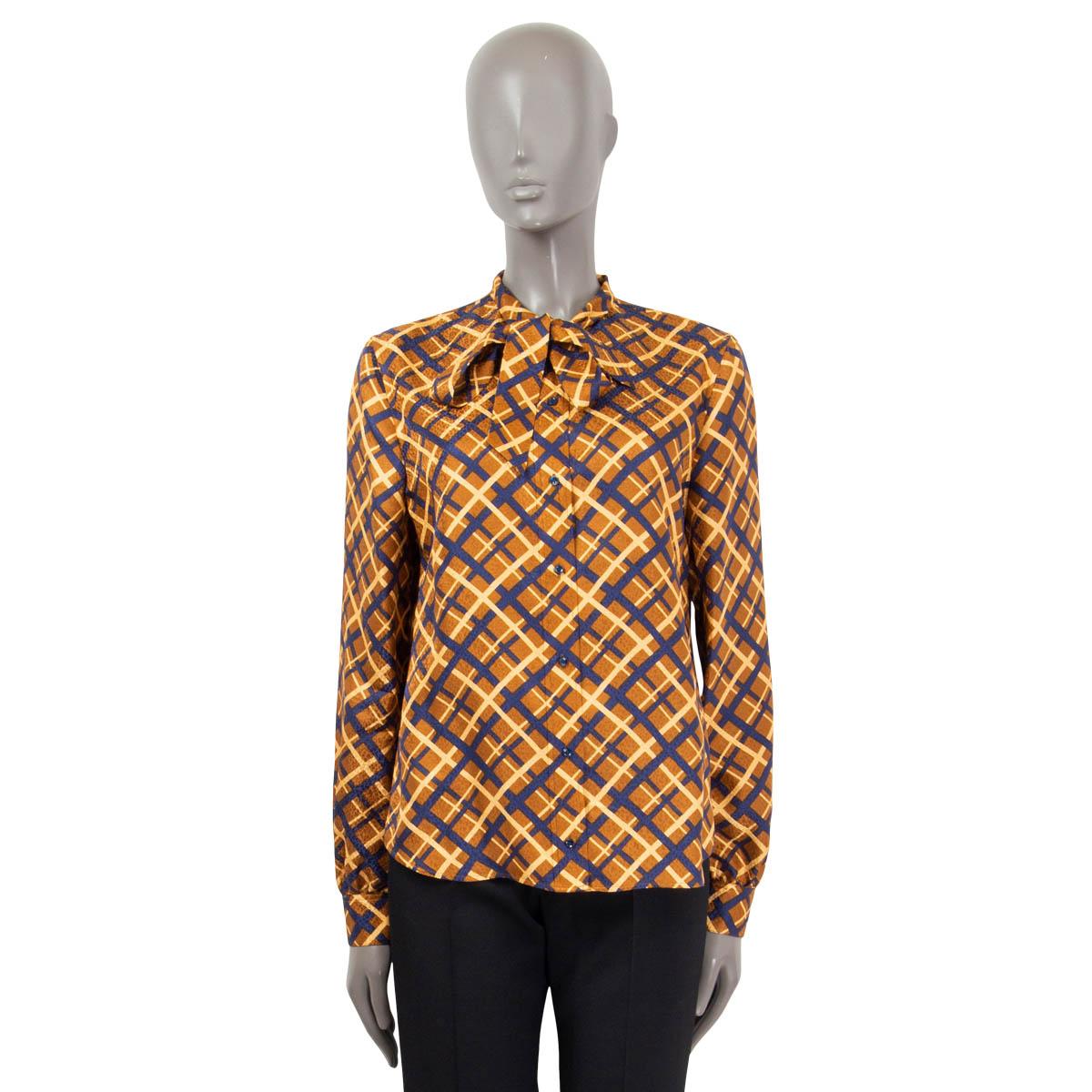 Brown SAINT LAURENT cognac silk RETRO PRINT PUSSY BOW Blouse Shirt 42 L For Sale