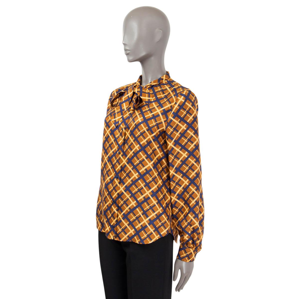SAINT LAURENT cognac silk RETRO PRINT PUSSY BOW Blouse Shirt 42 L In Excellent Condition For Sale In Zürich, CH