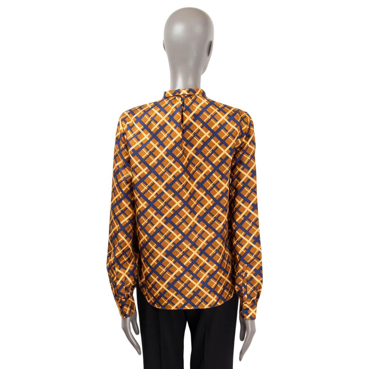SAINT LAURENT Cognacfarbenes RETRO PRINT PUSSY BOW Bluse aus Seide 42 L Damen im Angebot